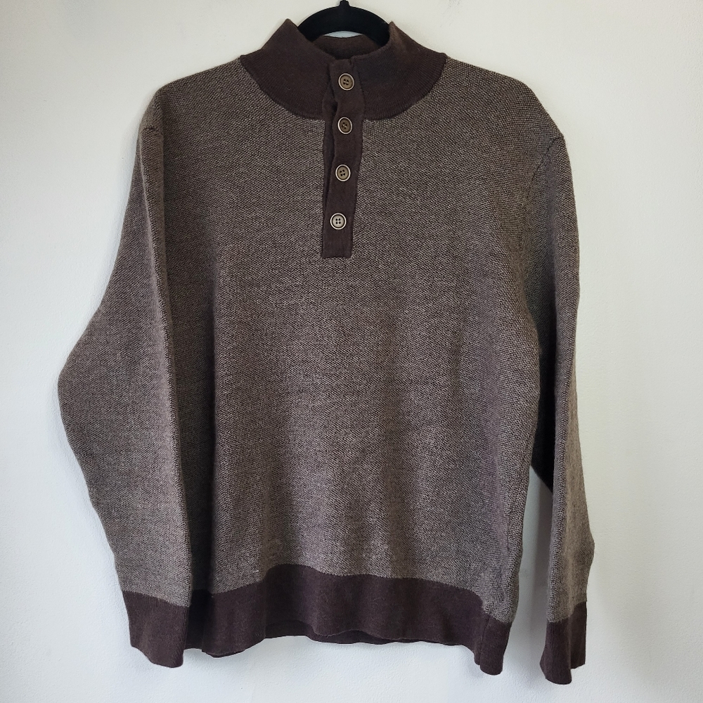 Untuckit Brown Merino Wool Granpa Cozy Mock Neck Button Front Knit Sweater.